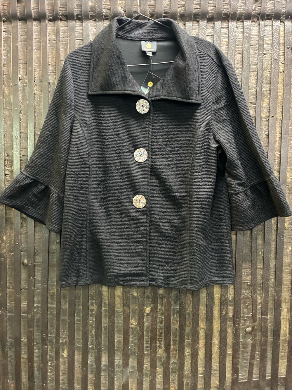 JM Collection Black Textured Jacket with Logo Detail